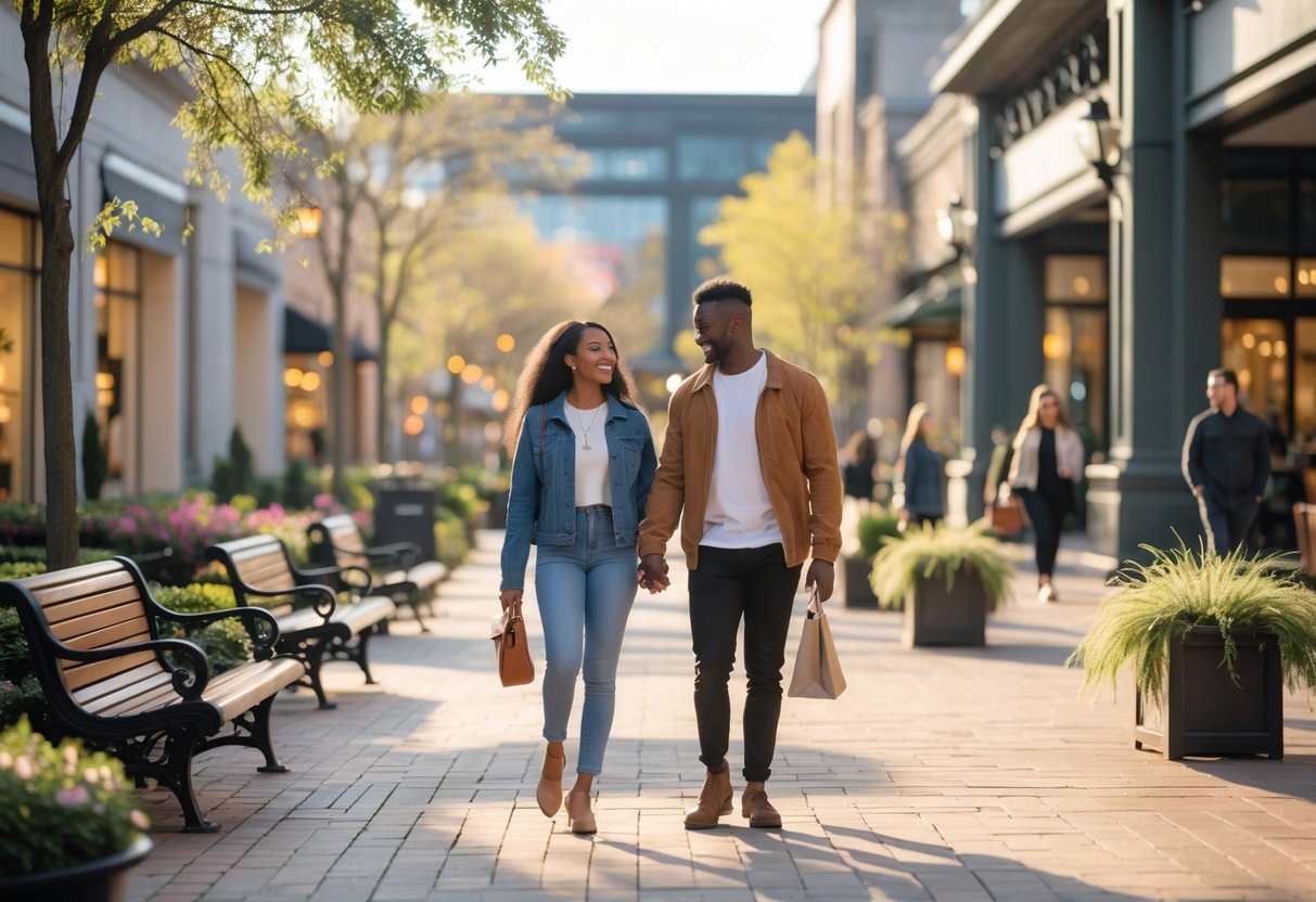 A young couple walking hand-in-hand along a landscaped path near a shopping mall, enjoying a date outdoors.
