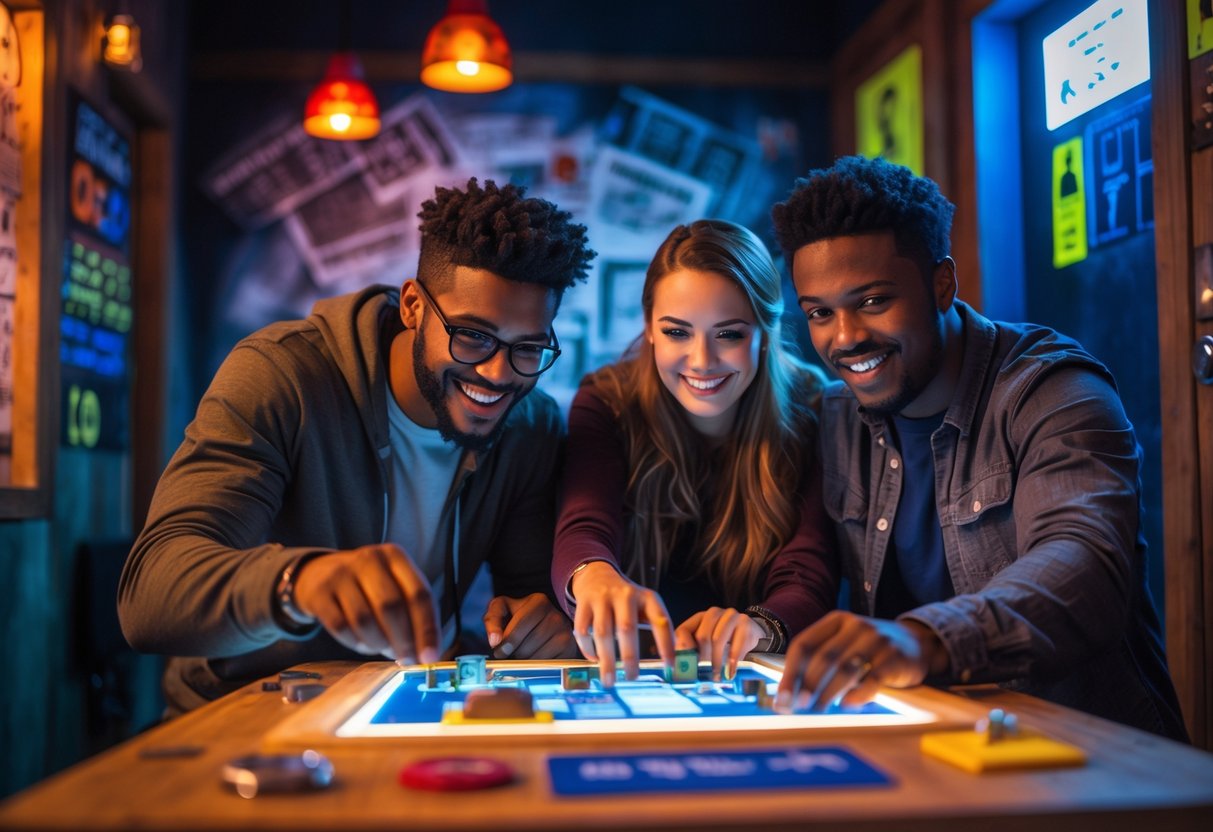 A young couple working together to solve a puzzle inside an escape room, surrounded by themed props and locks.
