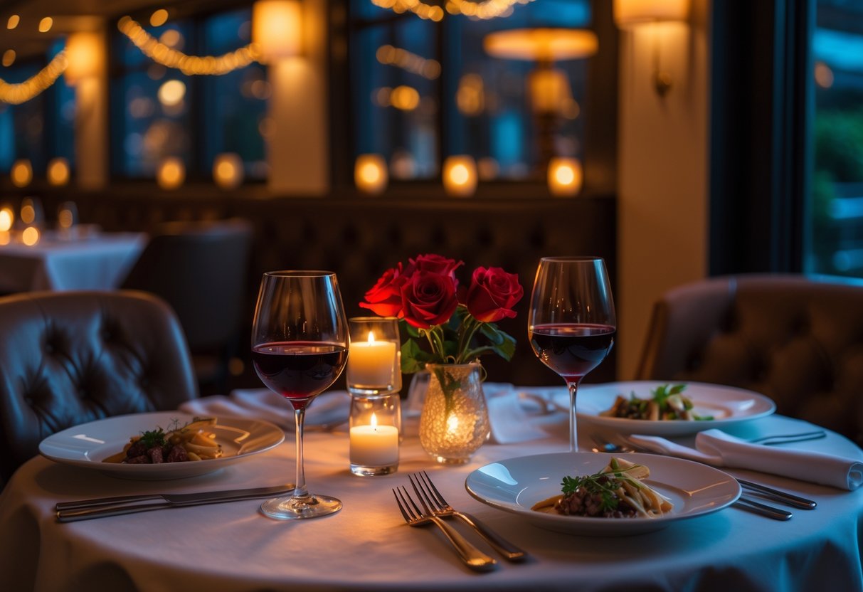 A romantic dinner table set for two with candles, red wine, and roses in an elegant restaurant.