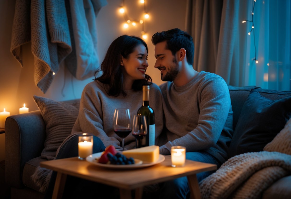 A couple sitting closely on a sofa, sharing wine and snacks in a softly lit, cozy room.