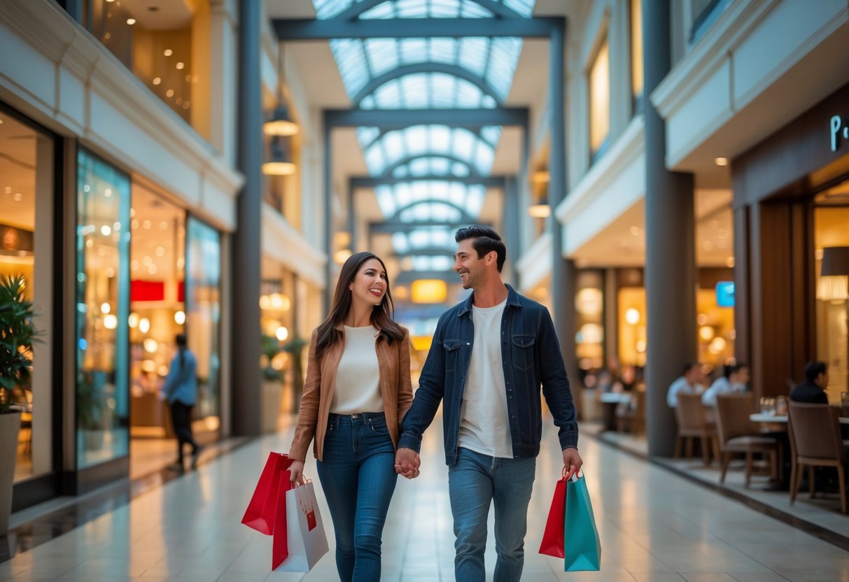 A young couple walking hand-in-hand inside a modern shopping mall with stores and dining areas around them.