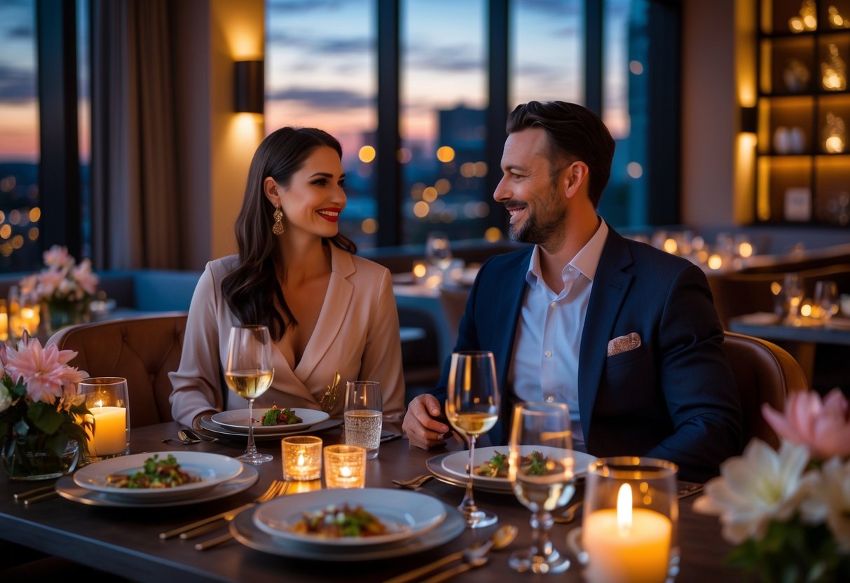 A couple enjoying a romantic dinner at a stylish restaurant with elegant table settings and warm lighting.