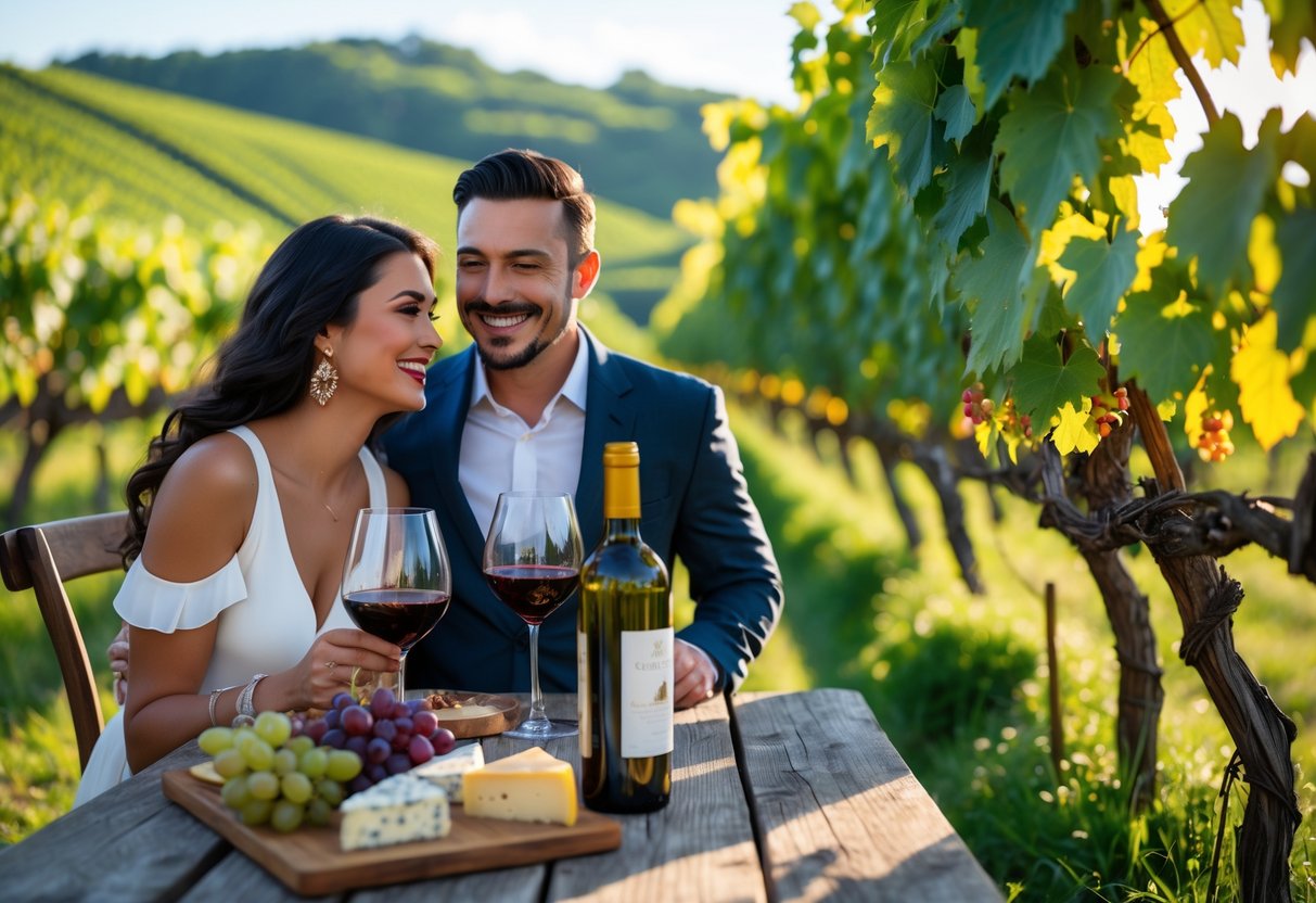 A couple enjoying wine tasting together at a vineyard with grapevines and a wooden table set with wine and cheese.
