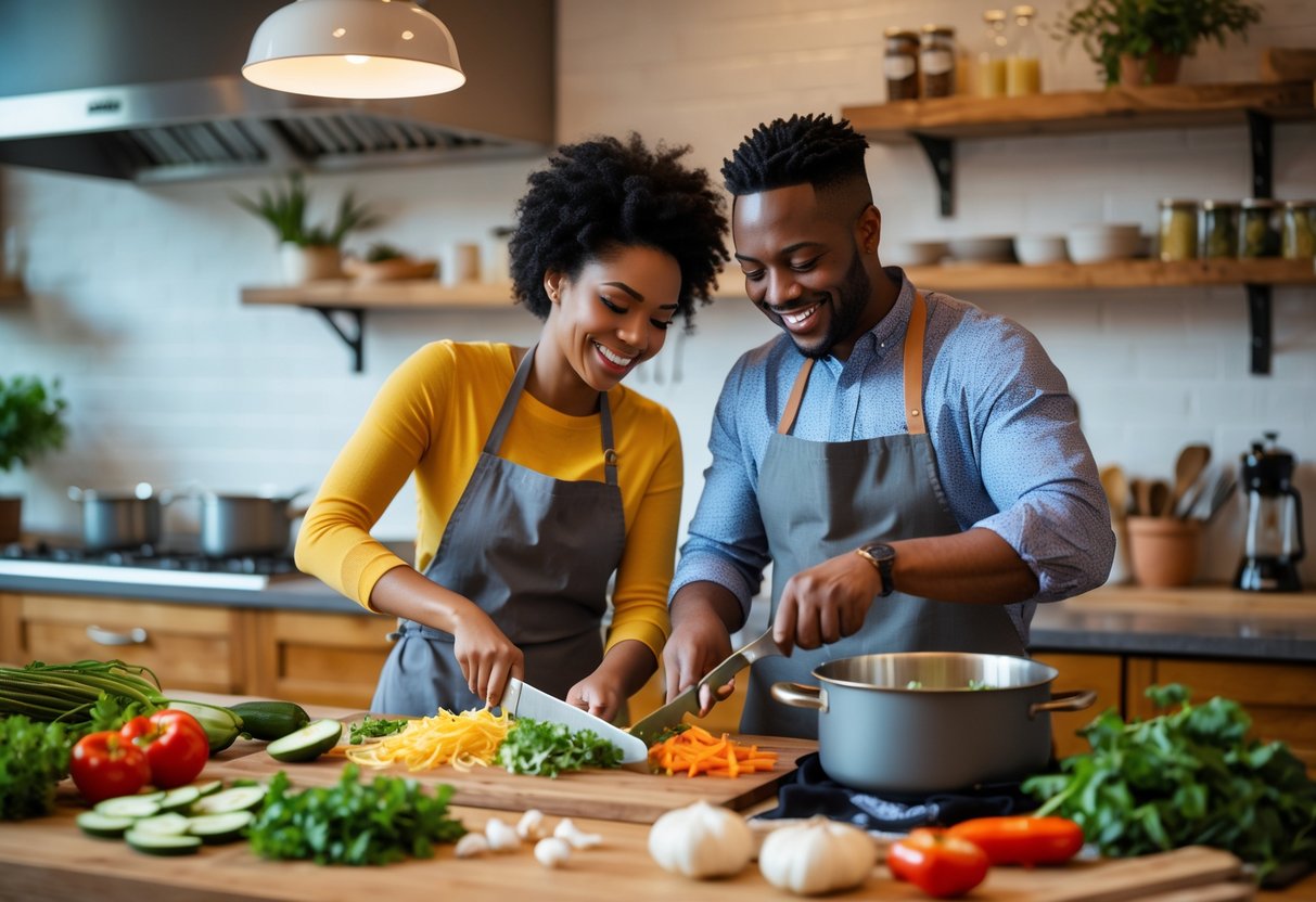 A couple cooking together in a modern kitchen, preparing a meal and smiling.