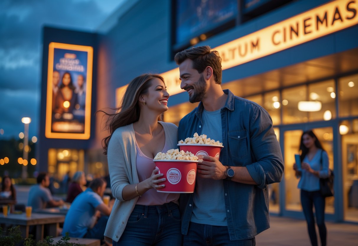 A couple enjoying a movie night outside a modern cinema with other people around.