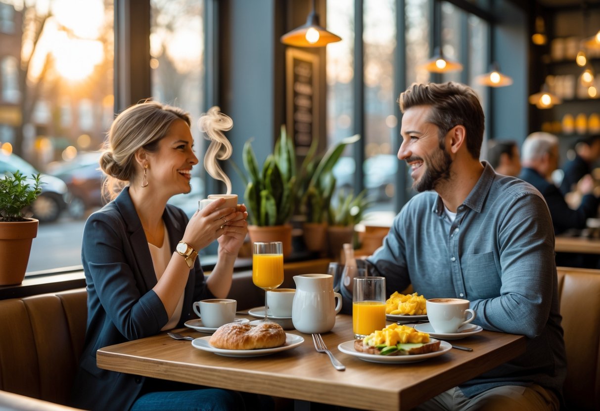 Two people enjoying breakfast together at a café table with coffee, pastries, and breakfast dishes in a cozy café setting.