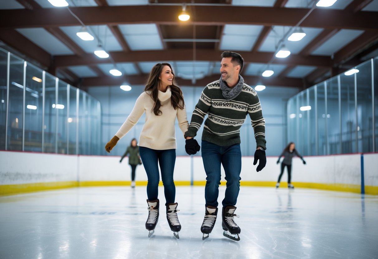 A couple ice skating hand in hand inside an indoor ice rink, smiling and enjoying their time together.