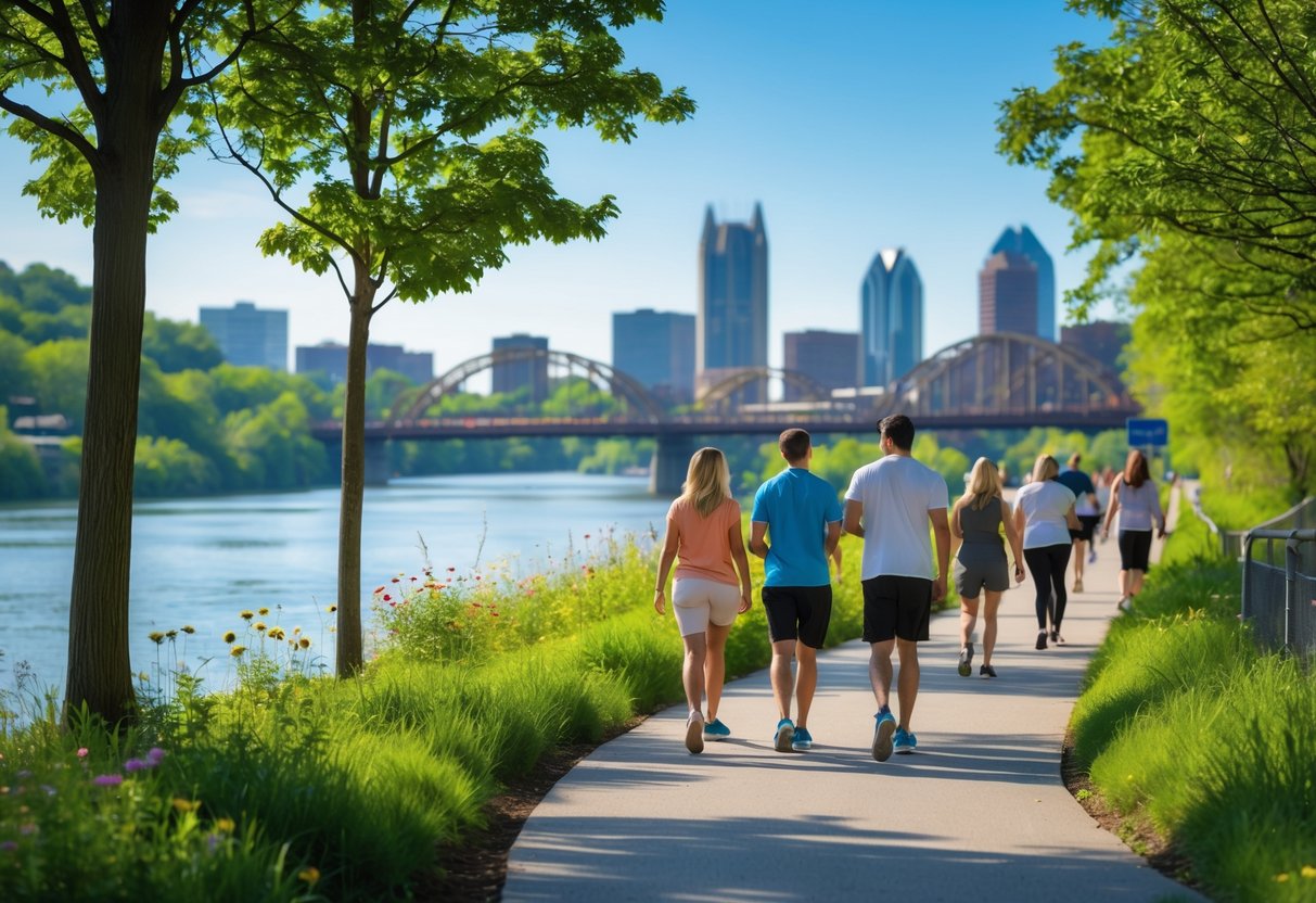 People walking along a paved trail beside a river with trees and the Pittsburgh skyline in the background.