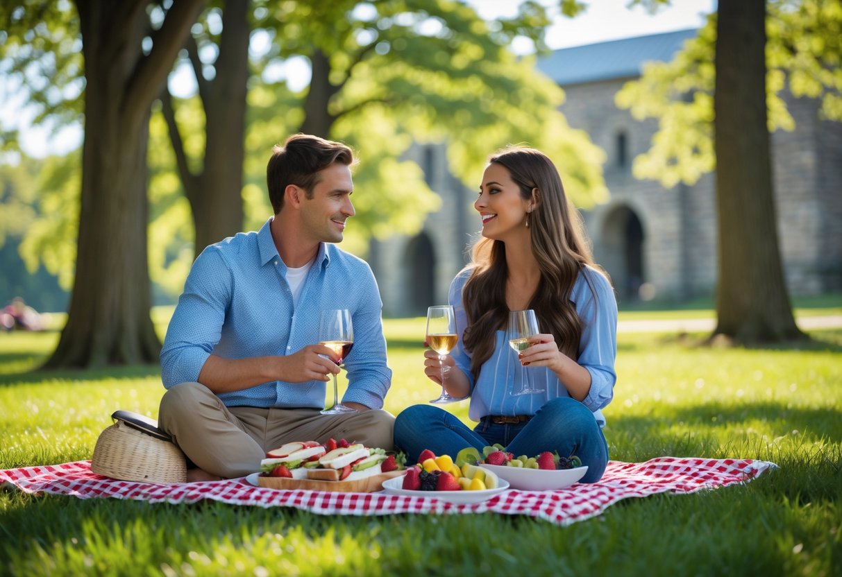 A young couple enjoying a picnic on a blanket in a green park with trees and historic stone buildings in the background.