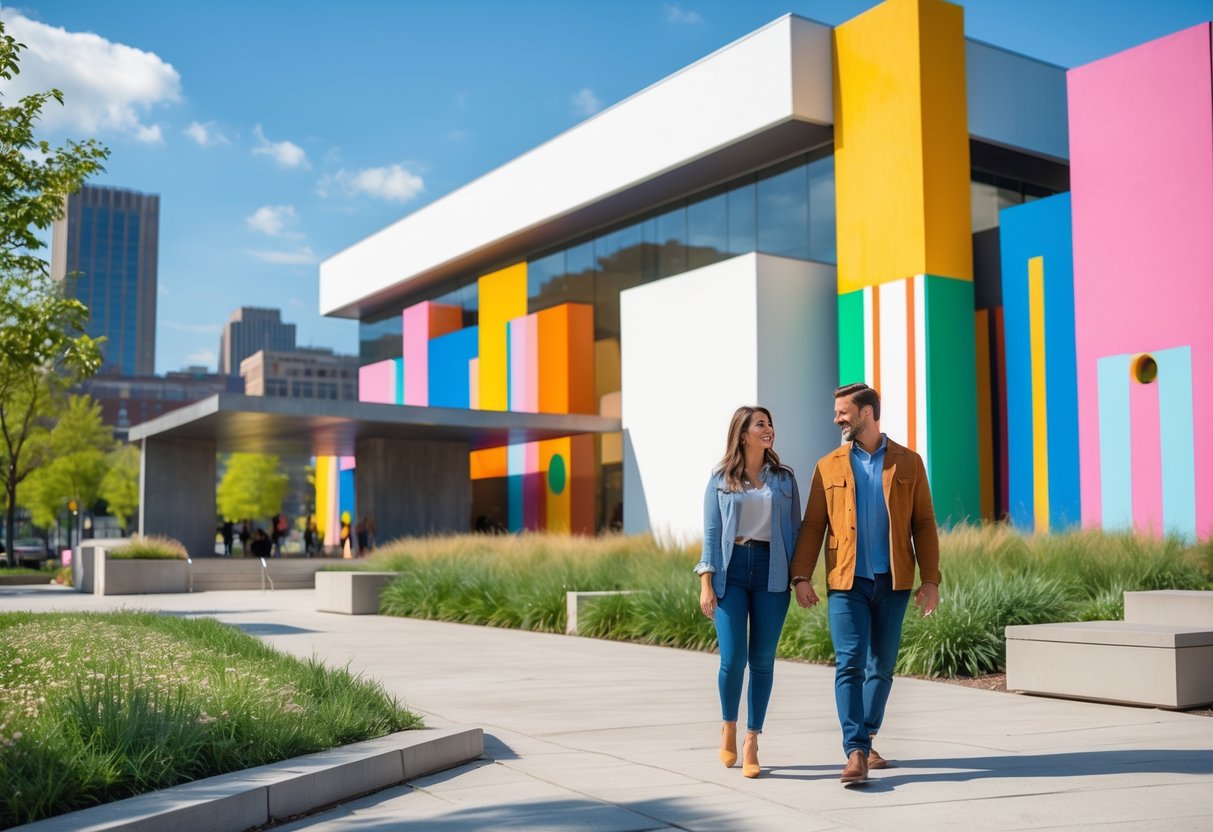 A couple walking hand-in-hand outside the Andy Warhol Museum in Pittsburgh on a sunny day.
