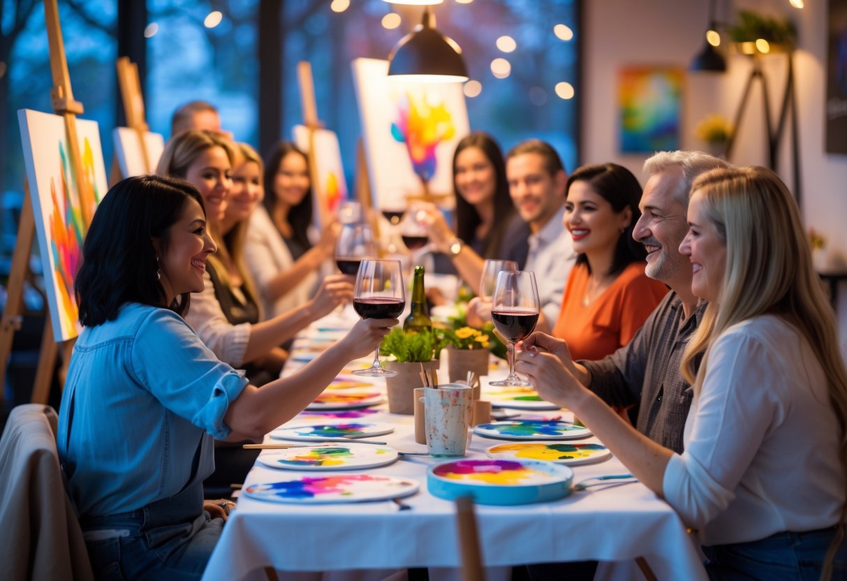 A group of adults painting on canvases and sipping wine together in a cozy art studio.