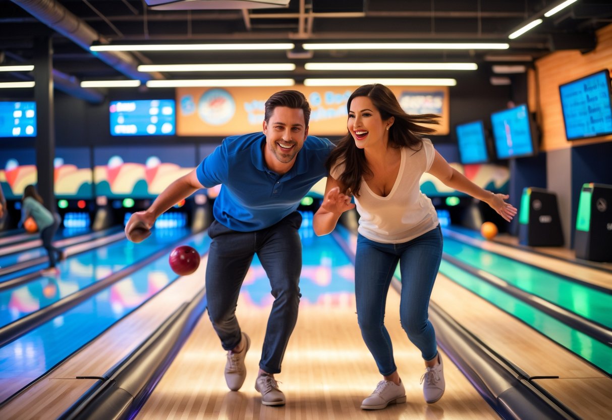A couple enjoying a bowling game together at a brightly lit bowling alley.