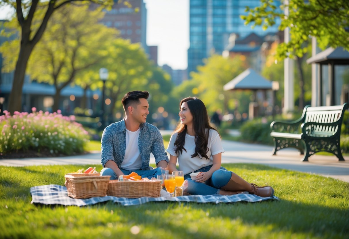 A young couple sitting on a picnic blanket in a park near King of Prussia Mall, smiling and enjoying a sunny day together.