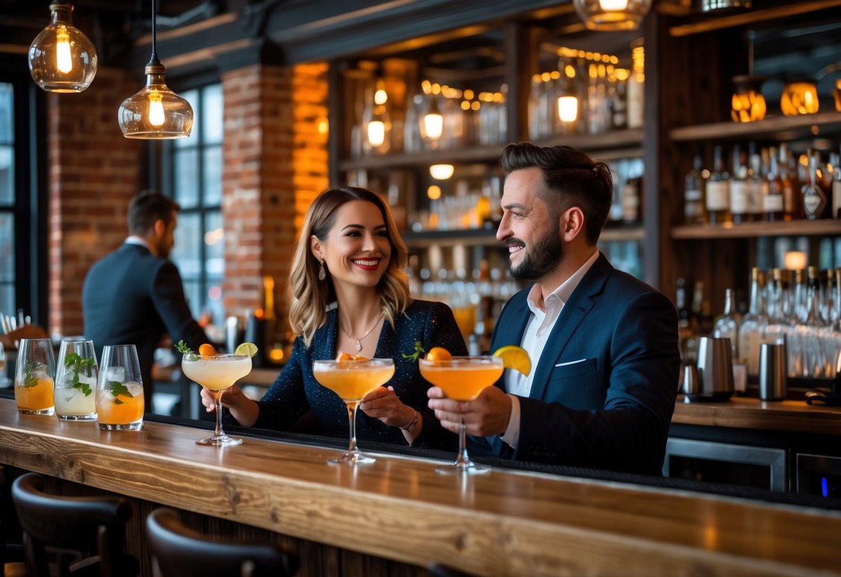 A couple enjoying craft cocktails at a cozy bar with warm lighting and a bartender preparing drinks behind the counter.