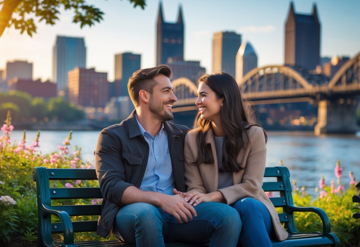A young couple sitting on a park bench near a river with the Pittsburgh skyline and bridges in the background, enjoying a sunny afternoon together.