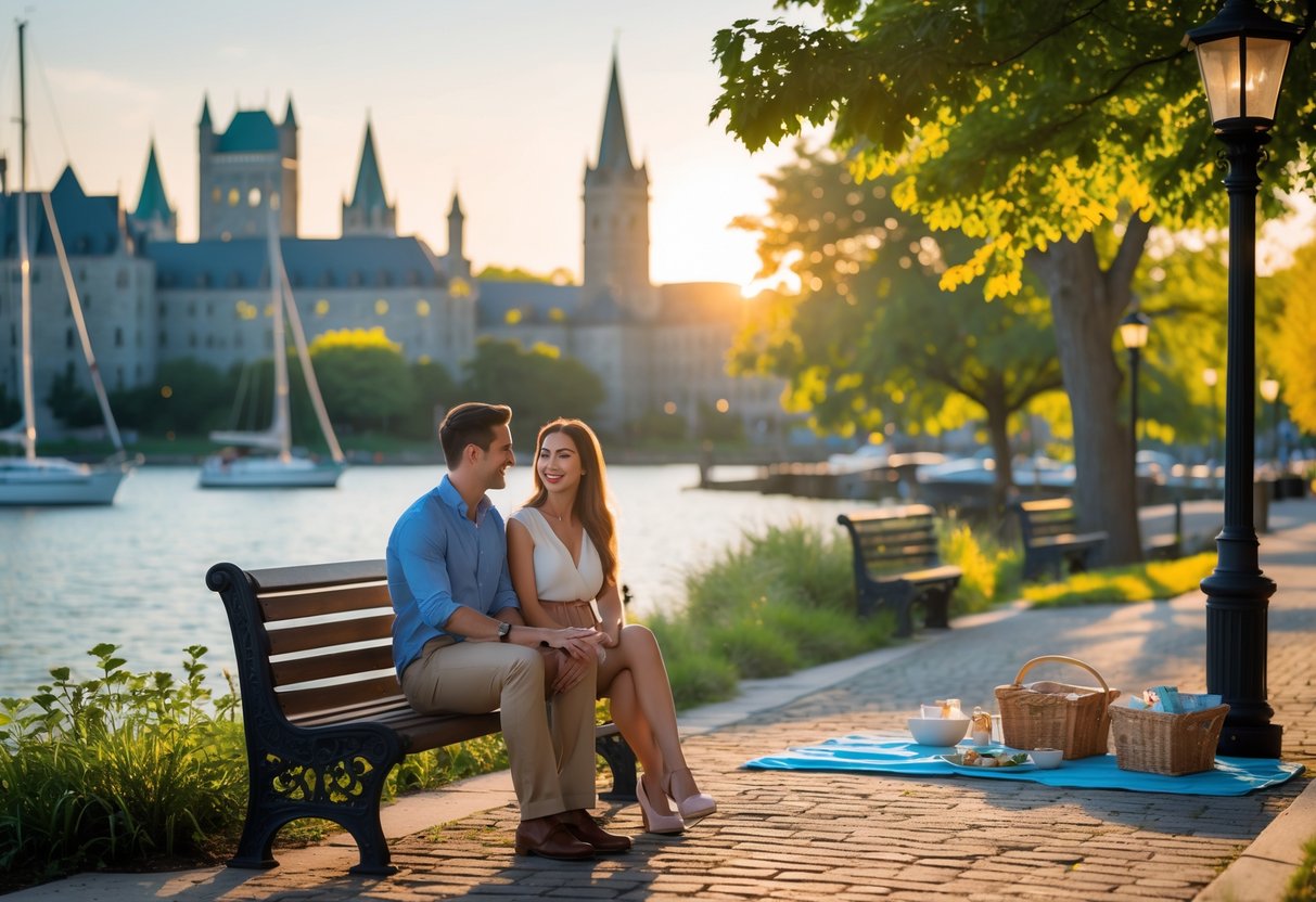 A young couple sitting on a bench by the water in Kingston, Ontario, holding hands and enjoying a peaceful outdoor date with sailboats and historic buildings in the background.