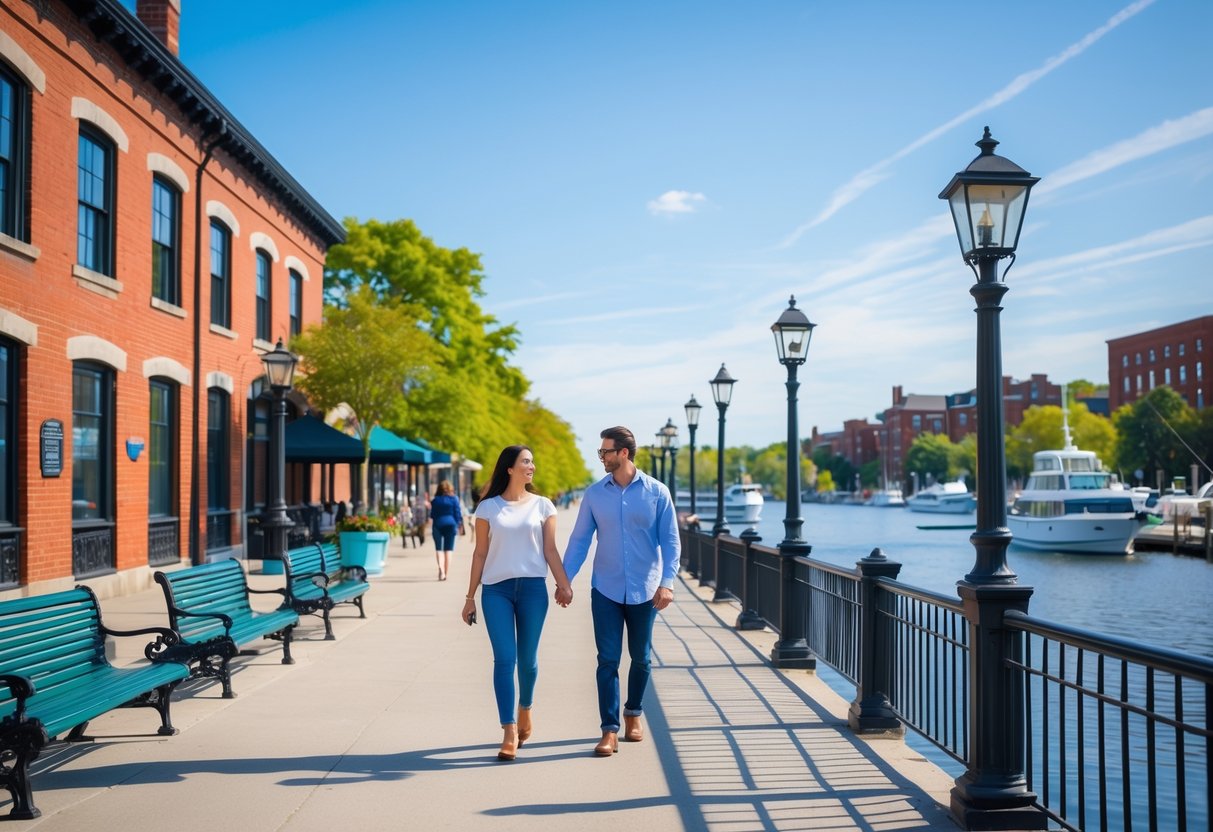 A couple walking hand in hand along a waterfront boardwalk with boats and historic buildings in the background.