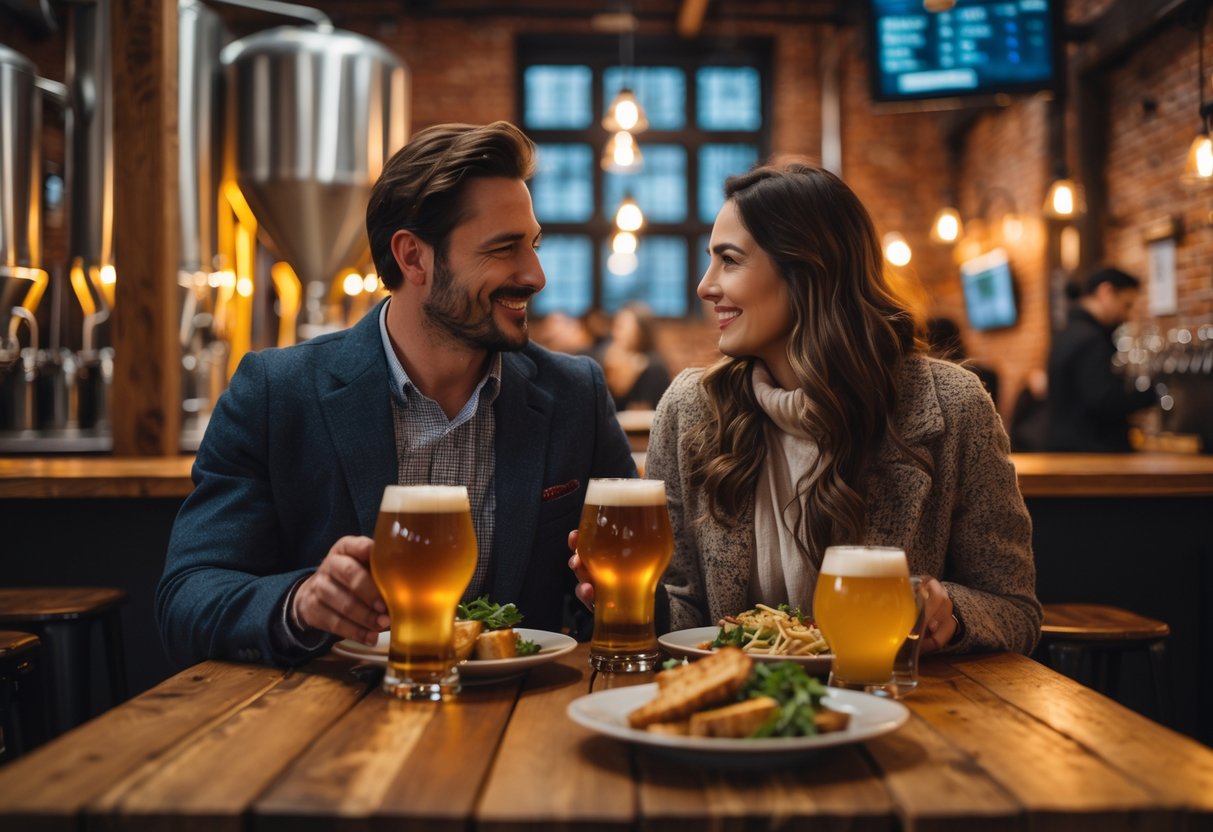 A couple enjoying a date at a wooden table with craft beers inside a cozy brewery with brick walls and warm lighting.