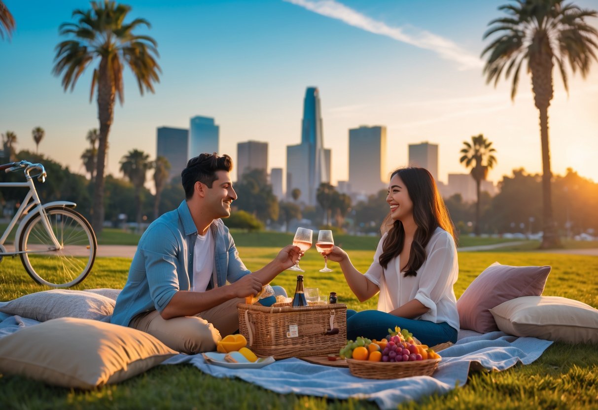A young couple having a picnic at sunset in a Los Angeles park with the city skyline and palm trees in the background.