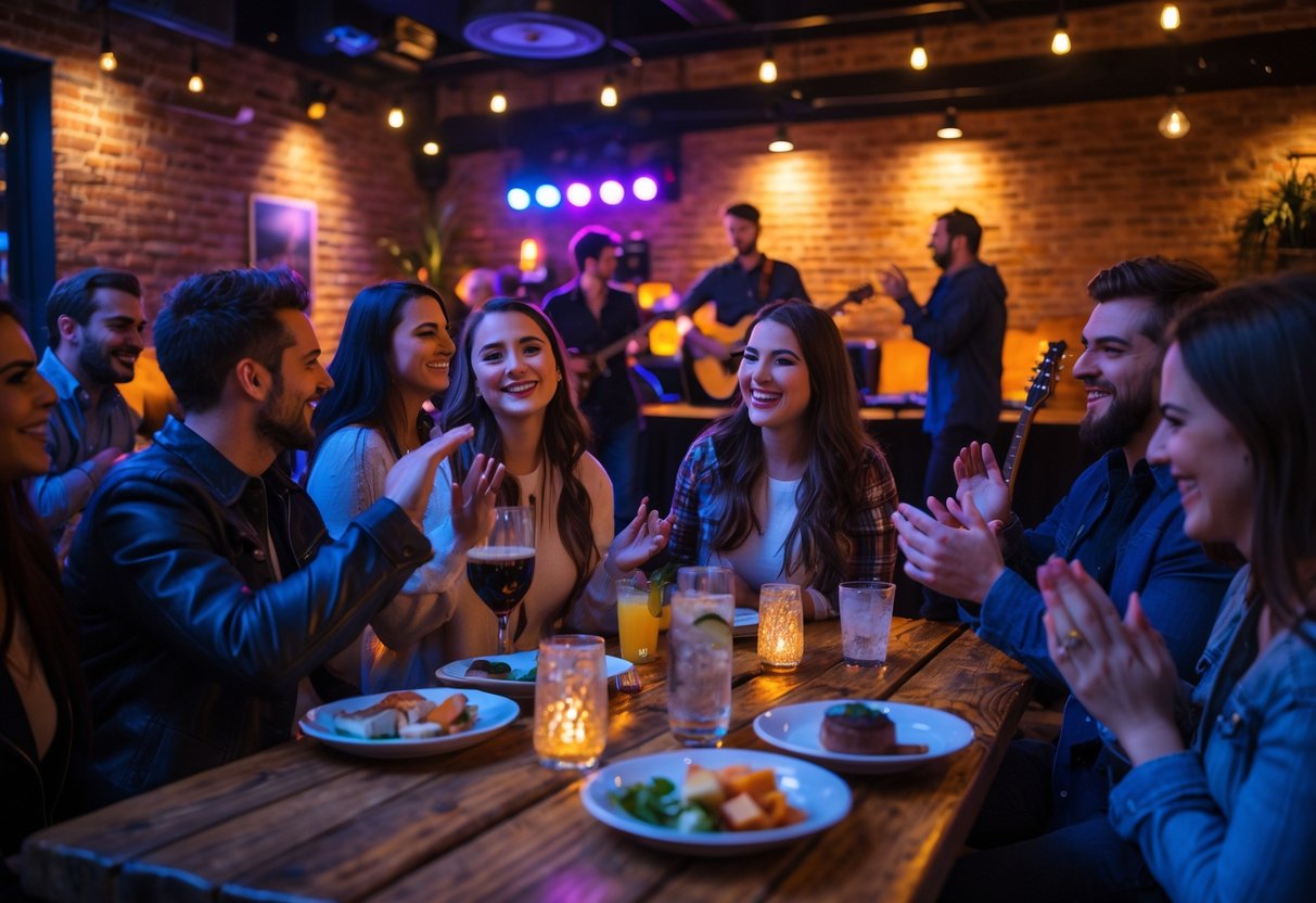 Couples and friends enjoying live music at a cozy venue with a band performing on stage.