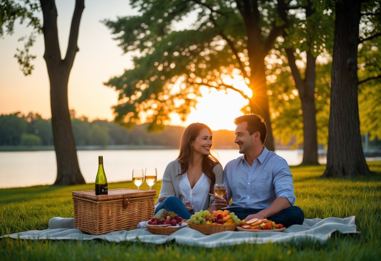 A couple enjoying a sunset picnic on a blanket in a green park near a lake.