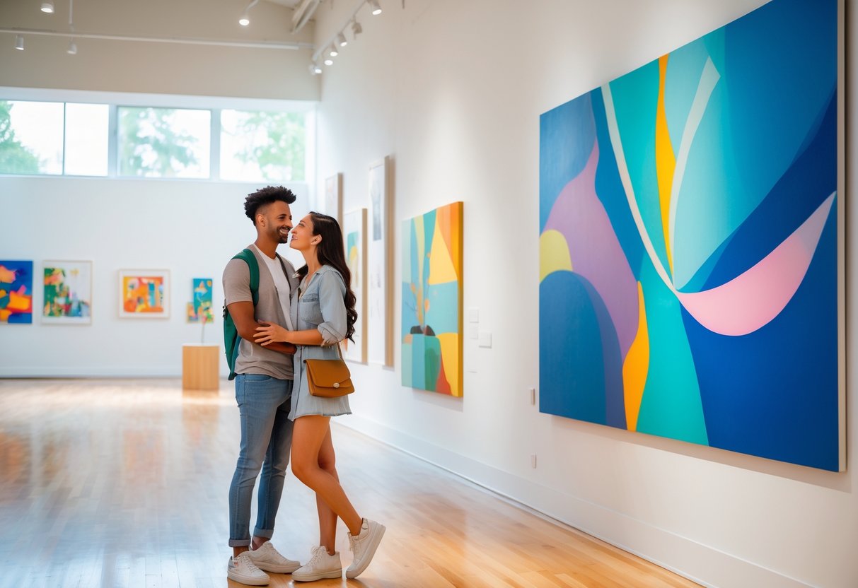 A young couple viewing artwork inside a bright and spacious art gallery.
