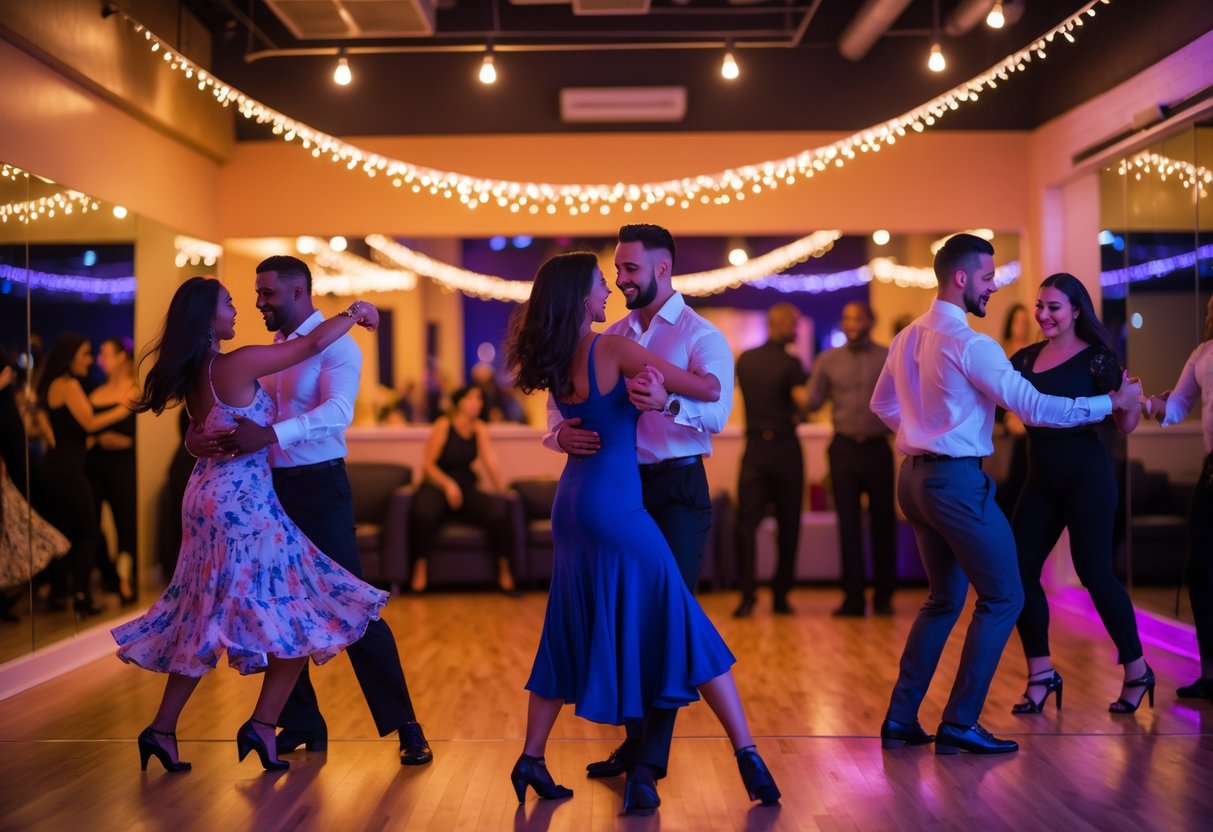 Couples dancing salsa energetically in a warmly lit dance studio with wooden floors and mirrors.