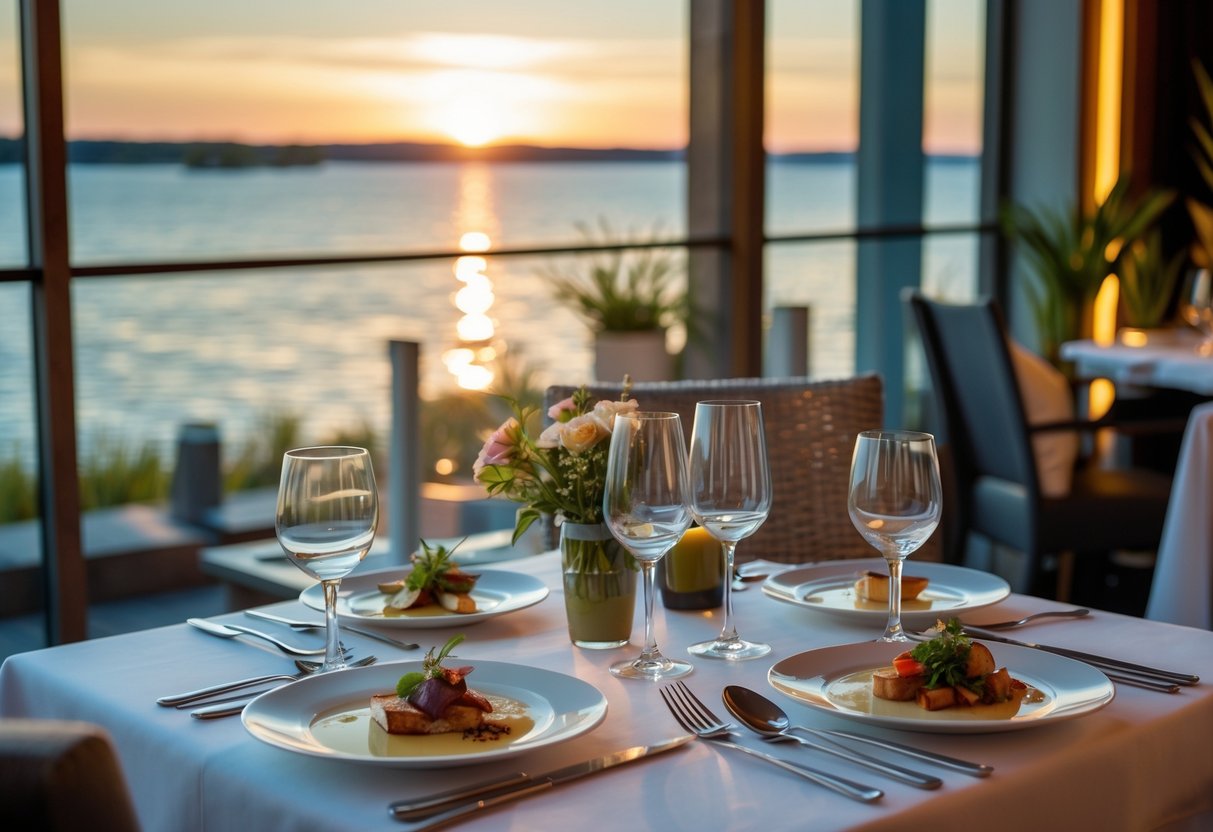 A couple enjoying a romantic dinner at a waterfront restaurant with an elegantly set table and sunset view.