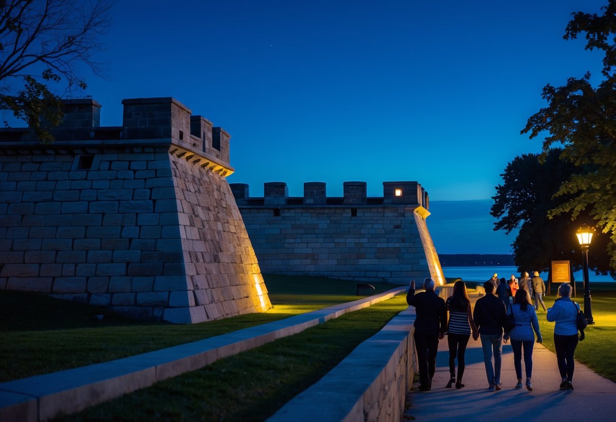 Visitors walking along illuminated pathways at Fort Henry in Kingston, Ontario, during an evening tour with historic stone walls visible under a night sky.