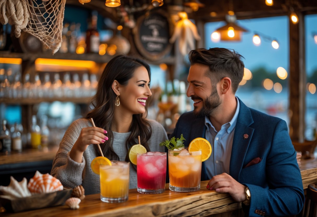 A couple enjoying cocktails together at a cozy seafood bar with nautical decorations.