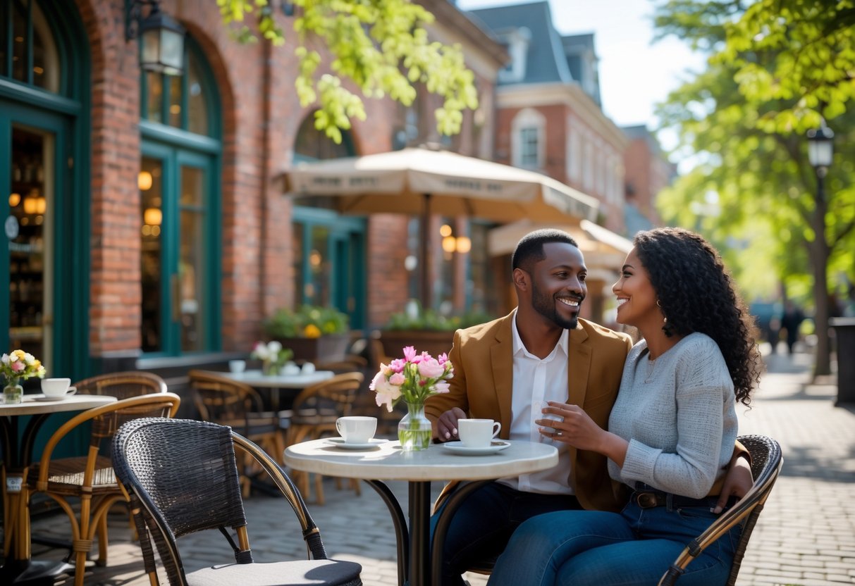 A couple enjoying coffee at an outdoor cafe table in a sunny urban square with historic buildings and trees around.