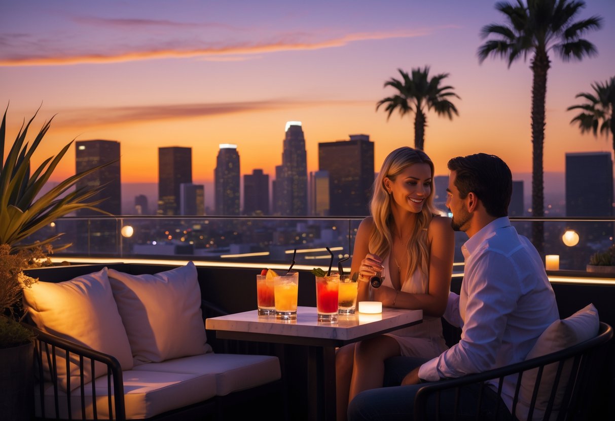 A couple enjoying drinks together at a rooftop bar during sunset with the city skyline in the background.
