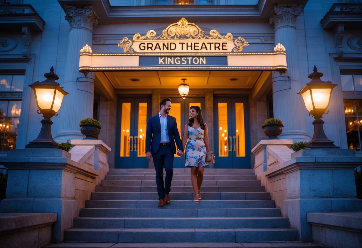 A couple walking hand-in-hand up the steps of a historic theatre building in the evening, preparing to attend a play.