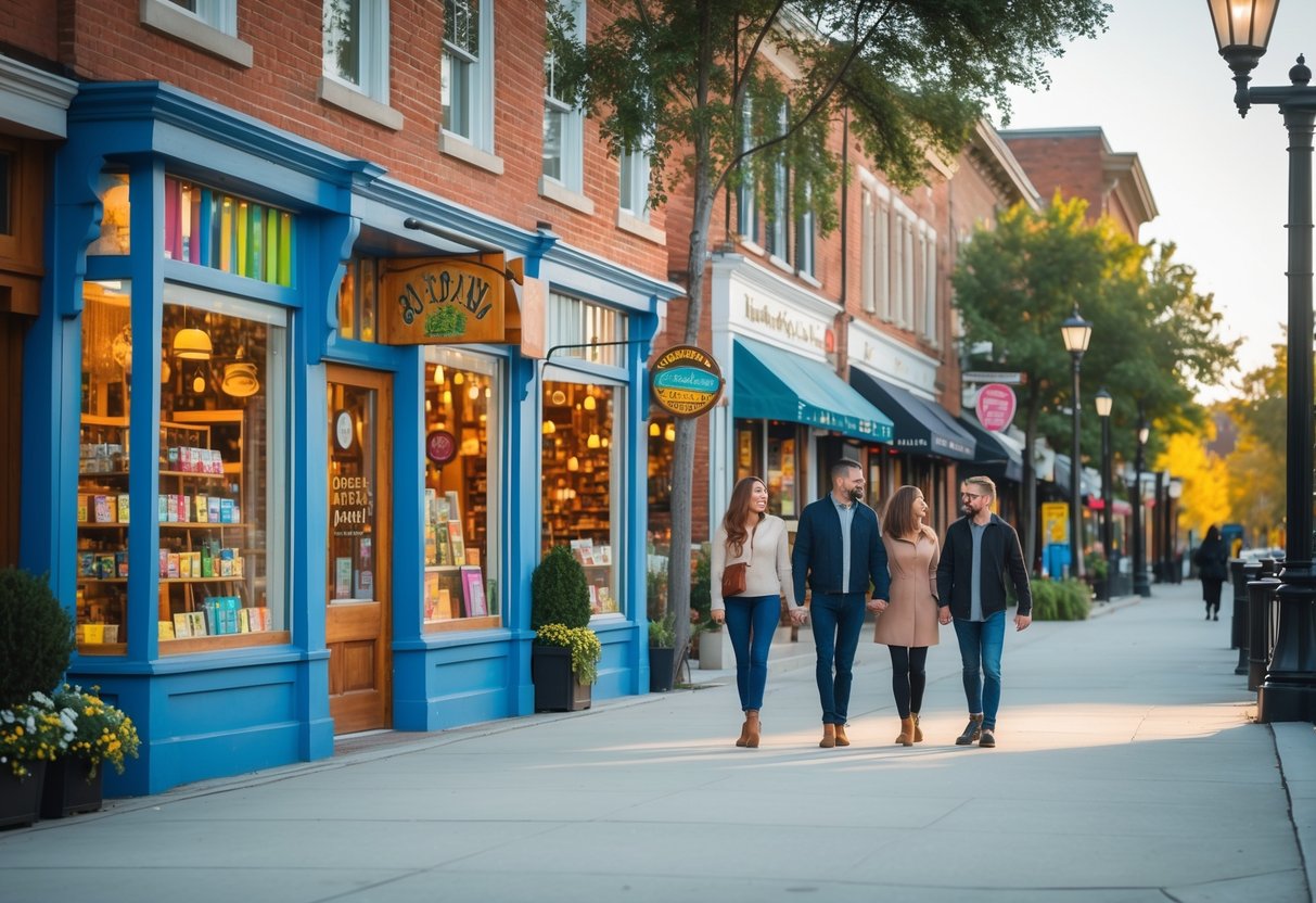People walking along a busy street lined with local shops and historic buildings in Kingston, Ontario.