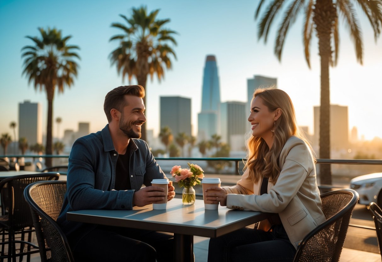 A couple enjoying coffee together at an outdoor café in Los Angeles with palm trees and city buildings in the background.