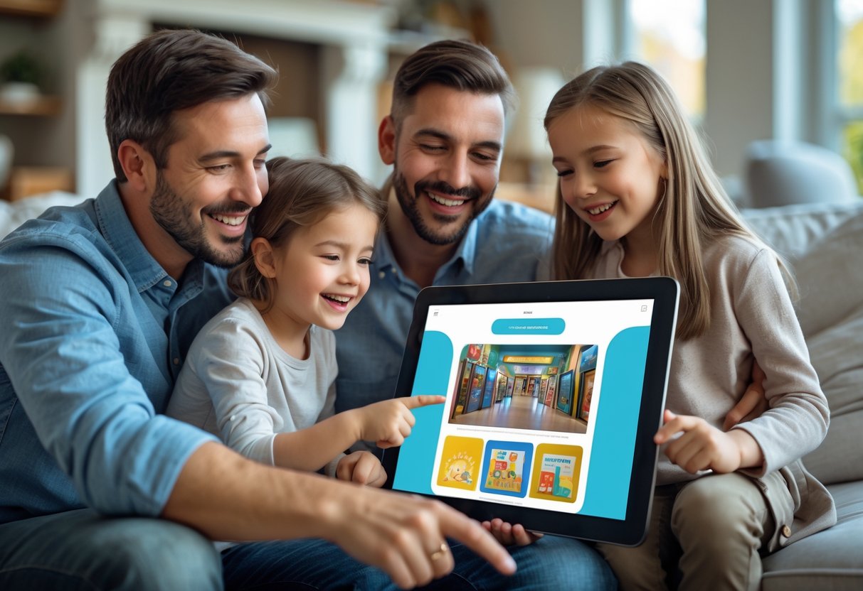 A family of four, two parents and two children, enjoying a virtual museum tour together on a tablet at home.