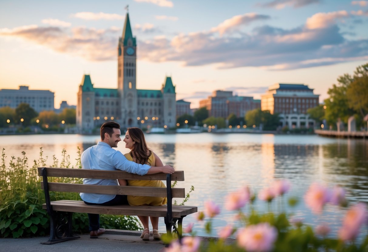 A couple sitting on a bench by the waterfront in Kingston, Ontario, enjoying a romantic moment during sunset with historic buildings and calm water in the background.