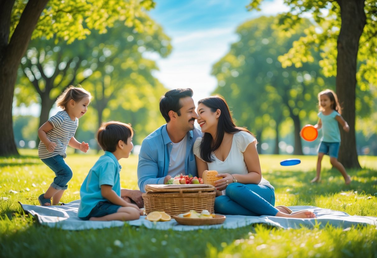 A couple enjoying a picnic in a park while their two children play nearby under trees.