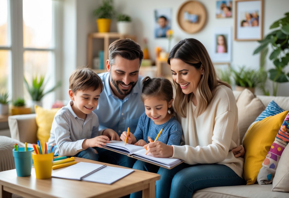 A couple with two young children sitting and playing together in a bright living room, planning activities as a family.