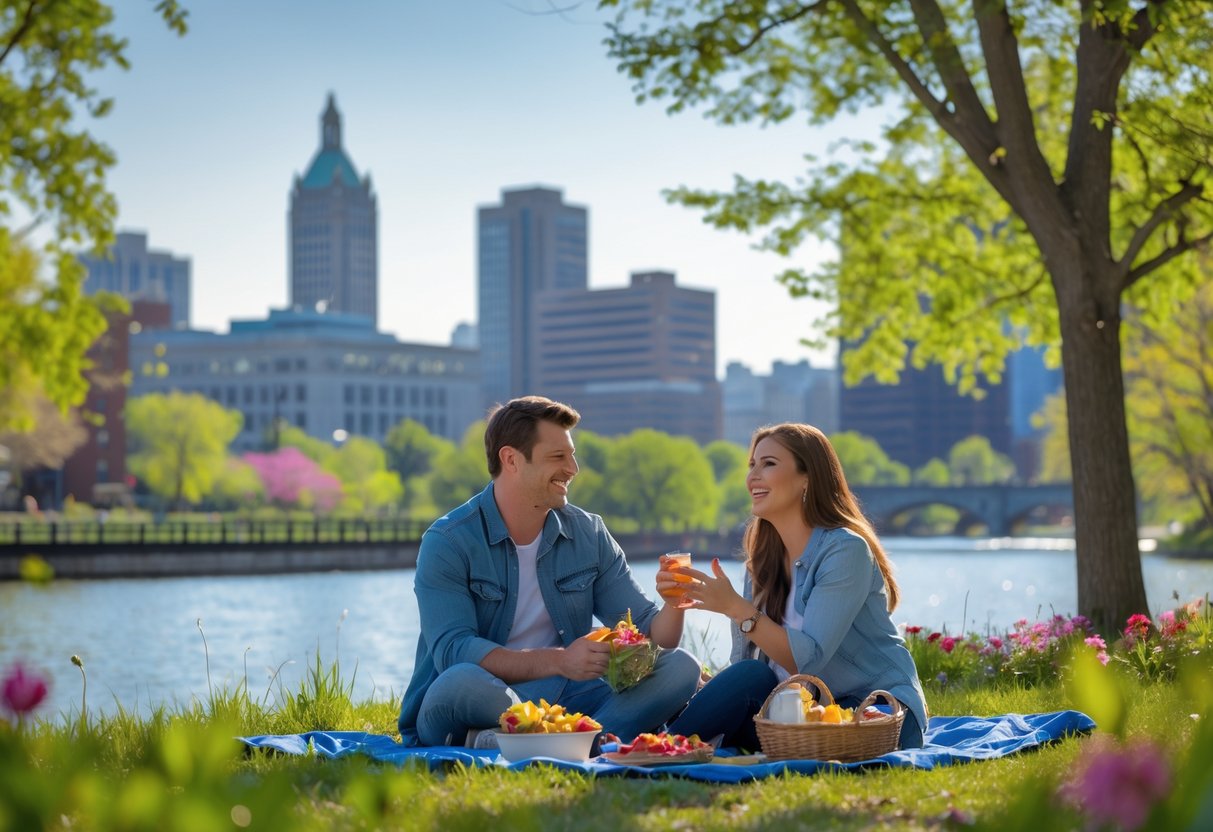 A young couple enjoying a picnic outdoors near the Lansing skyline with trees and flowers around them.
