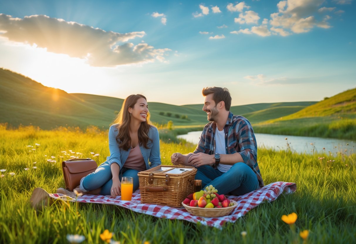 A young couple having a picnic on a blanket in a green park with rolling hills and a clear sky in the background.