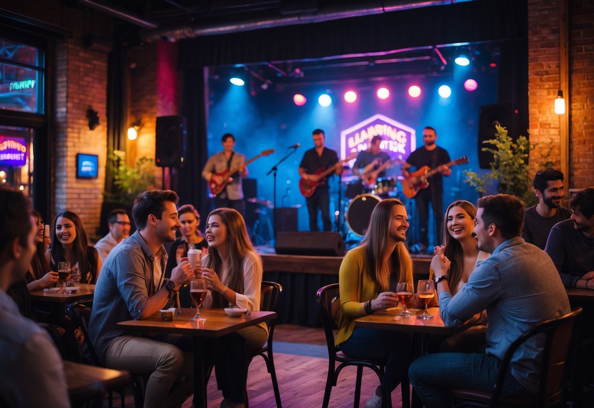 Couples enjoying live music at a cozy venue with a band performing on stage in the background.