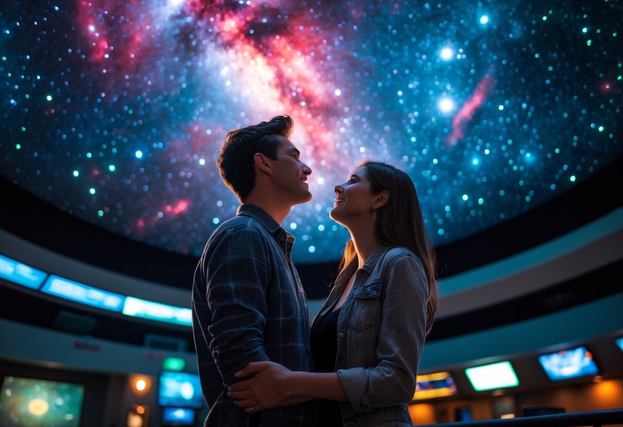 A young couple standing inside a planetarium, looking up at a starry sky projected on the dome ceiling.