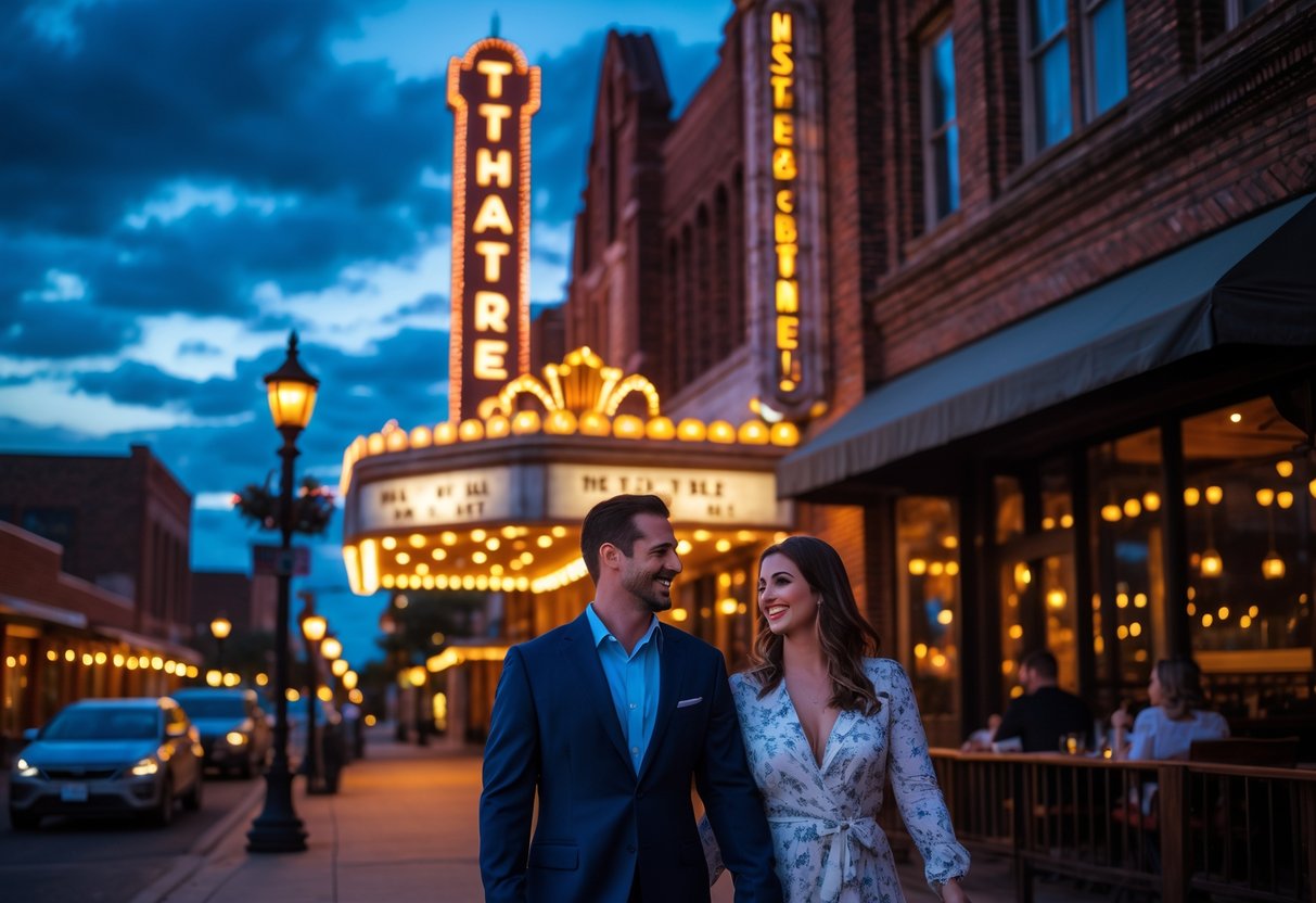 A couple walking hand in hand outside the Tower Theatre in Oklahoma City during sunset, with a nearby outdoor dining area and city street scene.