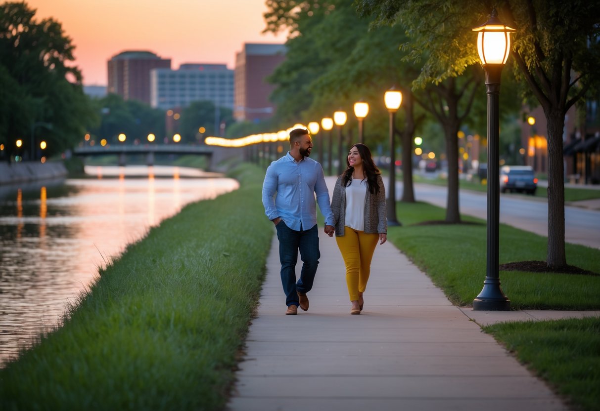 A couple walking hand-in-hand along a tree-lined river trail at sunset with city buildings in the background.