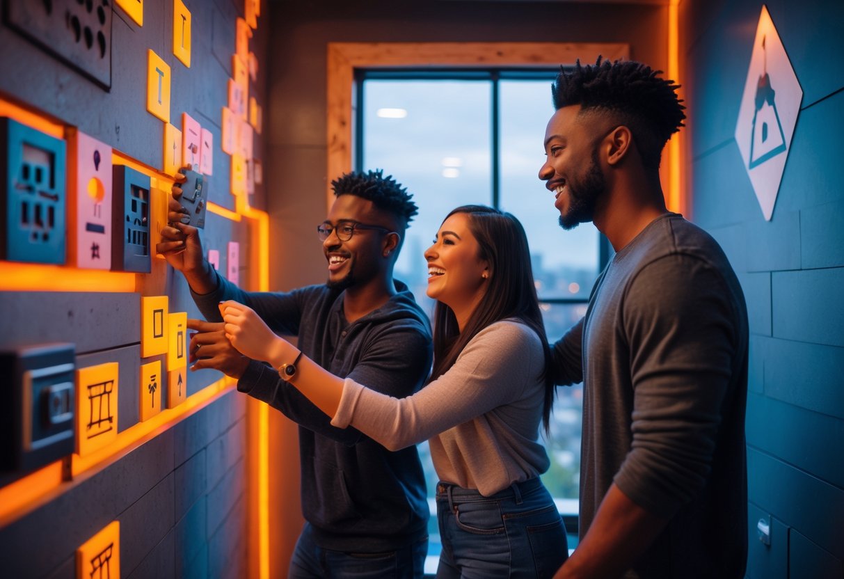 A young couple working together to solve puzzles inside an escape room with themed decorations and locked boxes.