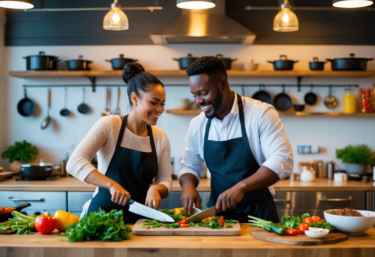 A couple cooking together in a modern kitchen, preparing food and smiling.
