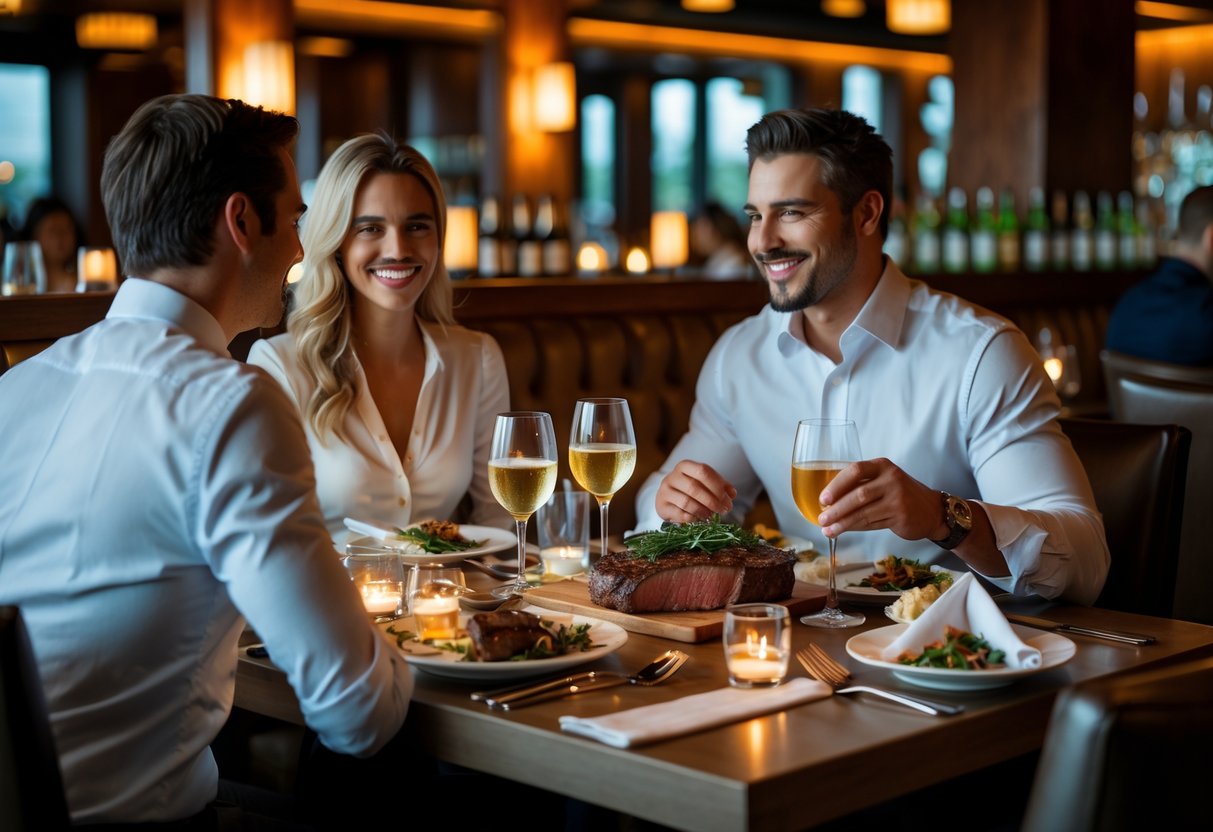A couple enjoying a romantic dinner at an upscale steakhouse with elegant table settings and warm lighting.