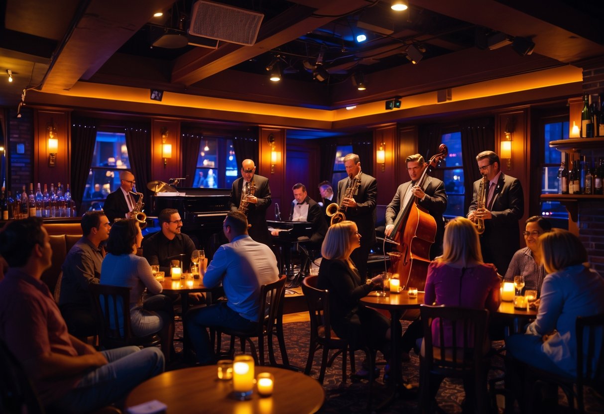 Couples and groups enjoying live jazz music performed by a band on stage in a cozy, dimly lit jazz club.