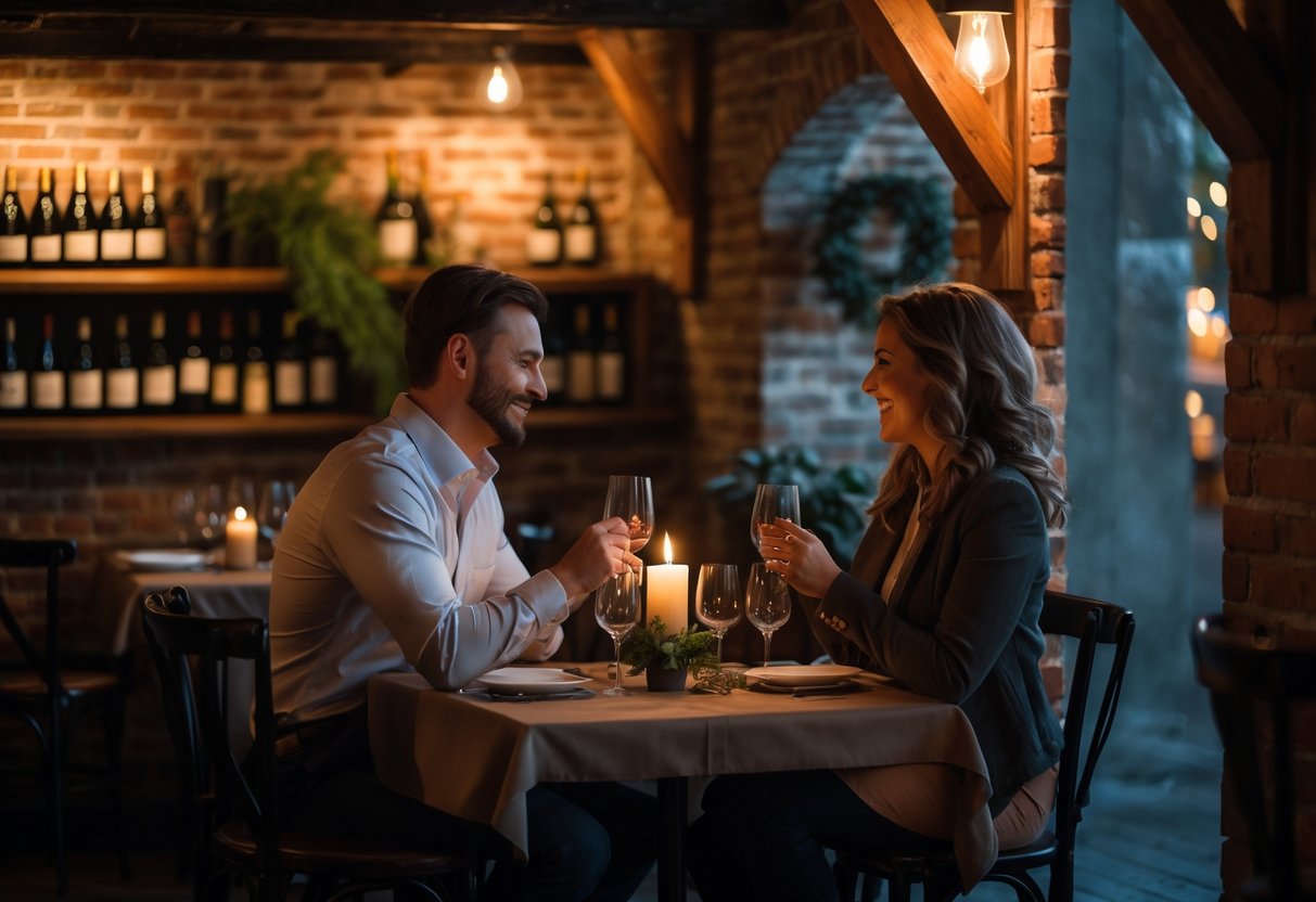 A couple enjoying a romantic dinner at a cozy cellar restaurant with brick walls and wine bottles in the background.